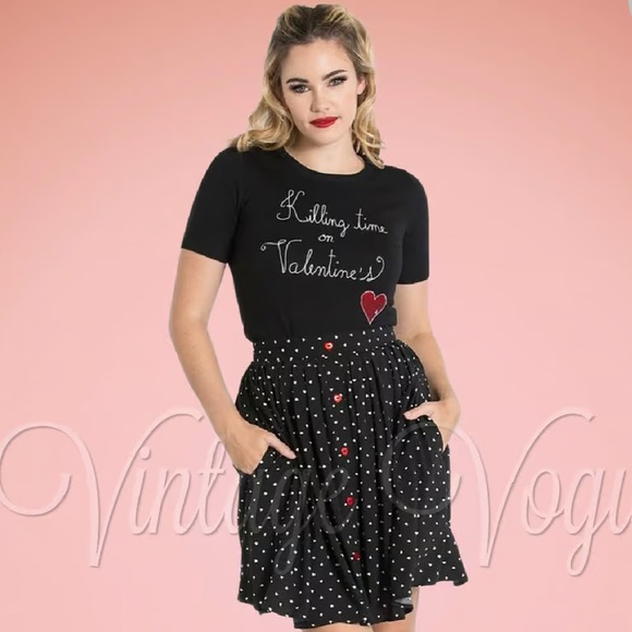 WOMEN’S HELL BUNNY A-LINE BLACK W/ POLKA DOTS SKIRT W/ POCKETS HEART BUTTONS EUC - Picture 4 of 16